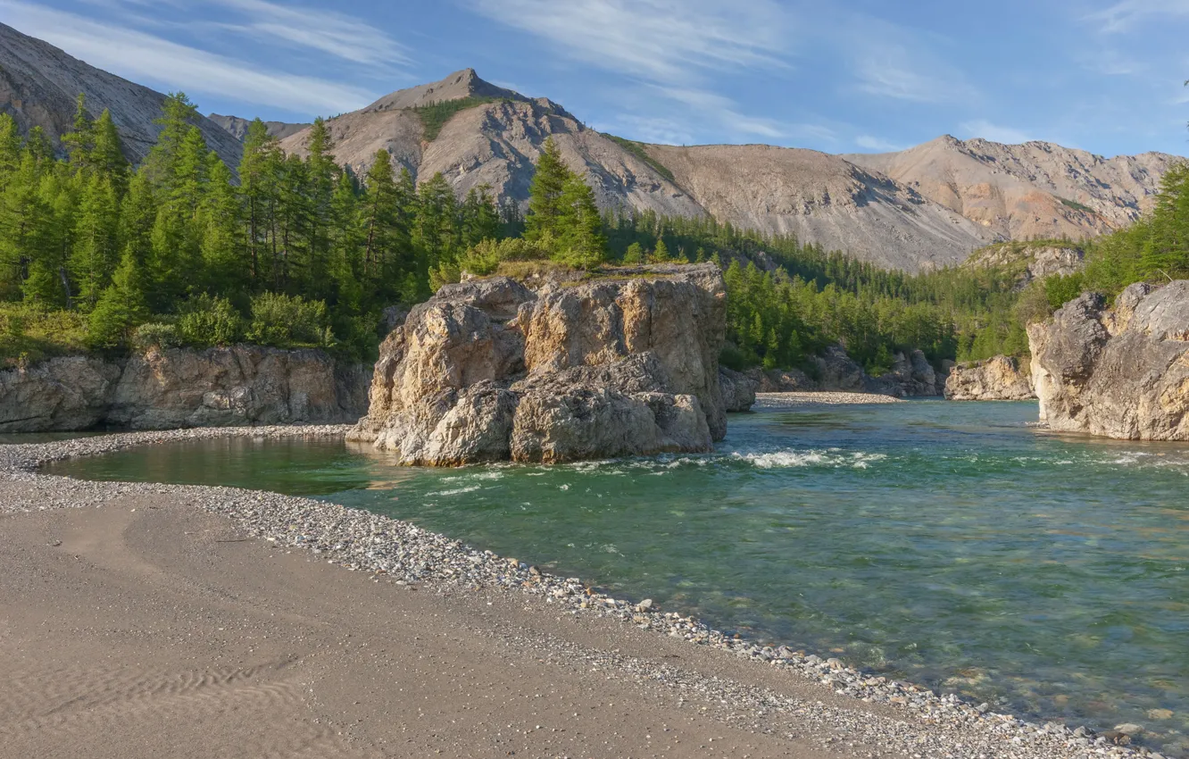 Photo wallpaper mountains, shore, Russia, Yakutia, Omulevka River