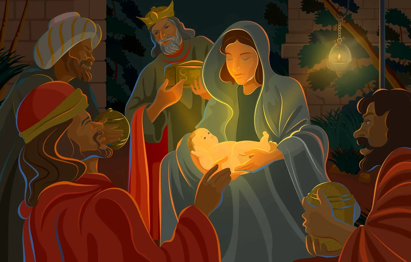 Photo wallpaper children, Jesus, Christmas, Maria, baby, gifts, mother, the sorcerer