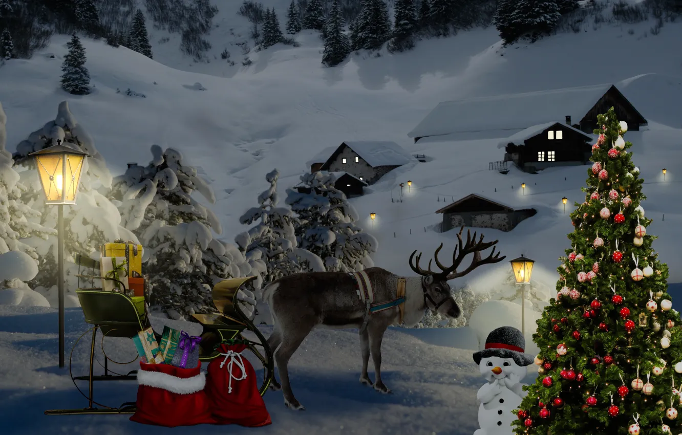 Photo wallpaper Christmas, gifts, snowman, Santa Claus, surprise, Christmas tree, new adventures