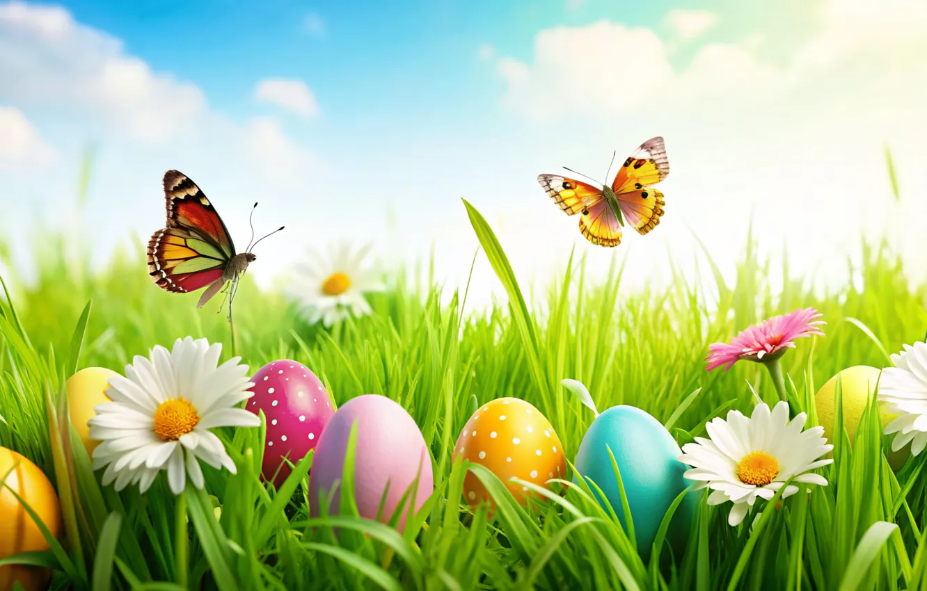 Photo wallpaper flowers, eggs, spring, colorful, Easter, flowers, spring, Easter