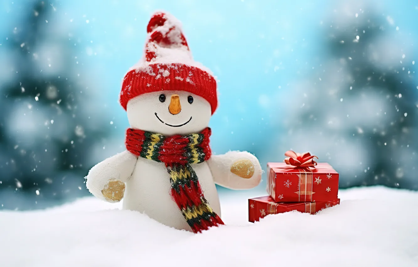 Photo wallpaper winter, snow, snowflakes, new year, Christmas, snowman, Christmas, winter