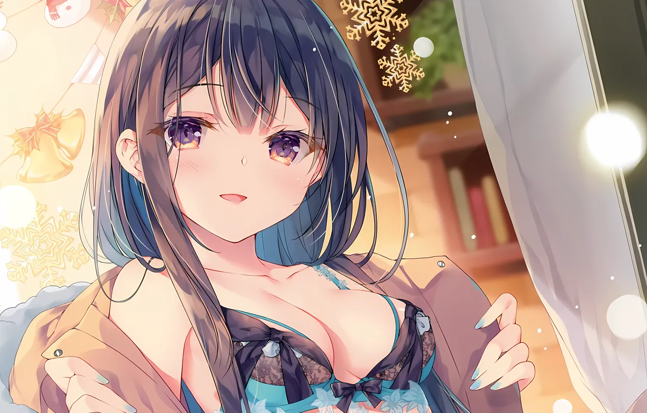 Photo wallpaper girl, sexy, lingerie, Christmas, bra, cleavage, long hair, boobs