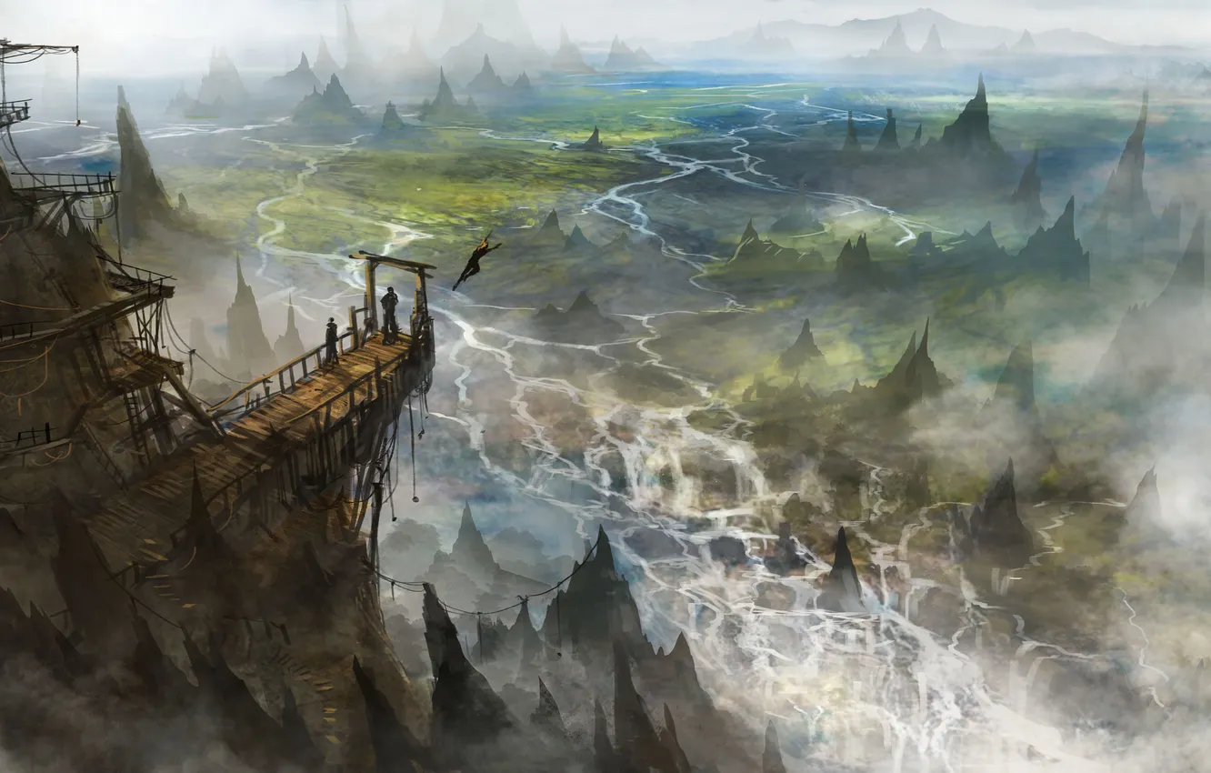 Photo wallpaper trees, landscape, bridge, rocks, people, view, art