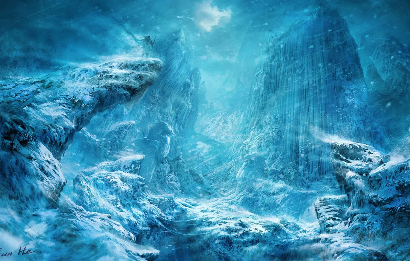 Photo wallpaper snow, mountains, people, gorge, staff, Blizzard