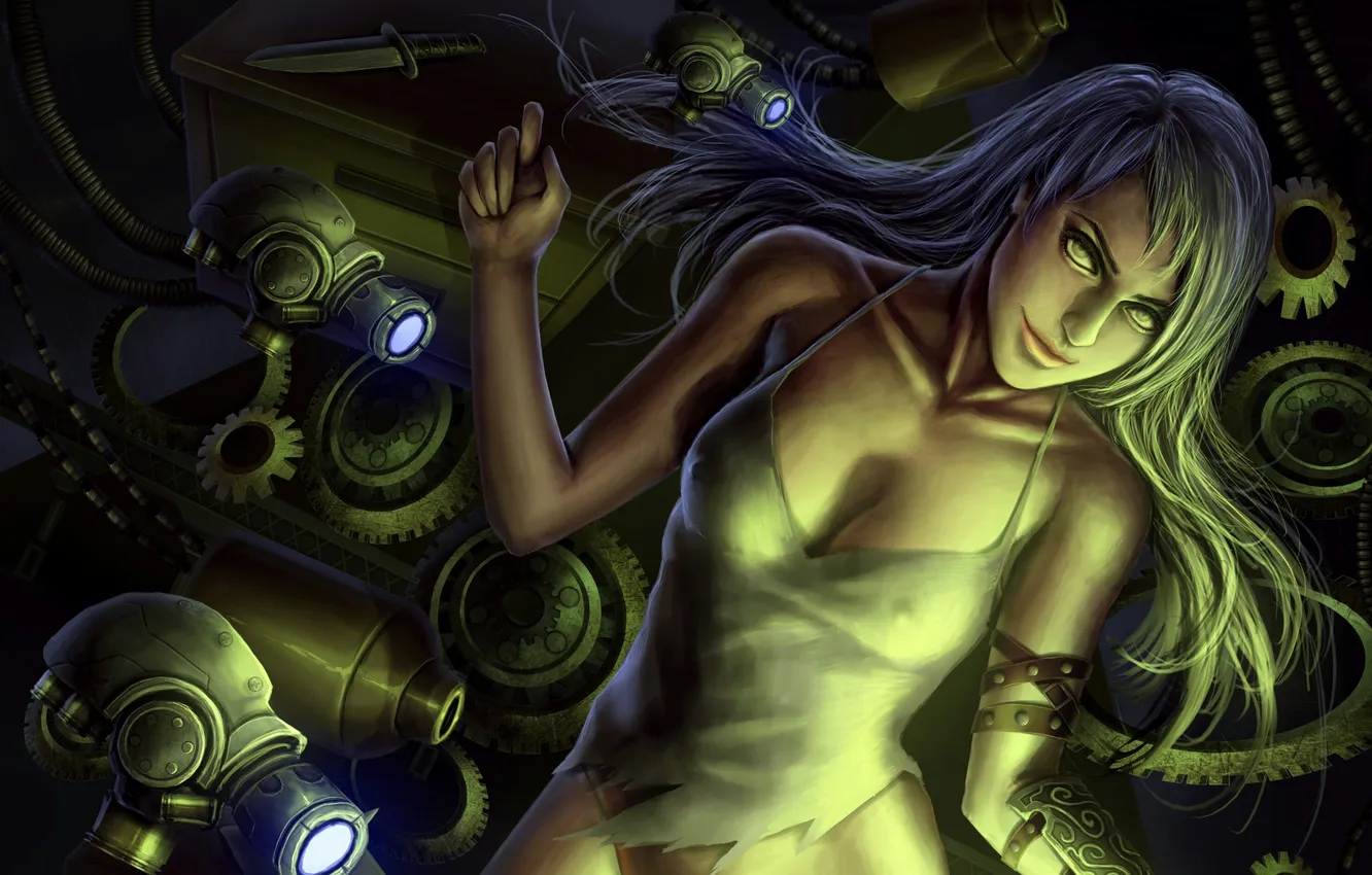 Photo wallpaper look, girl, mechanism, gear