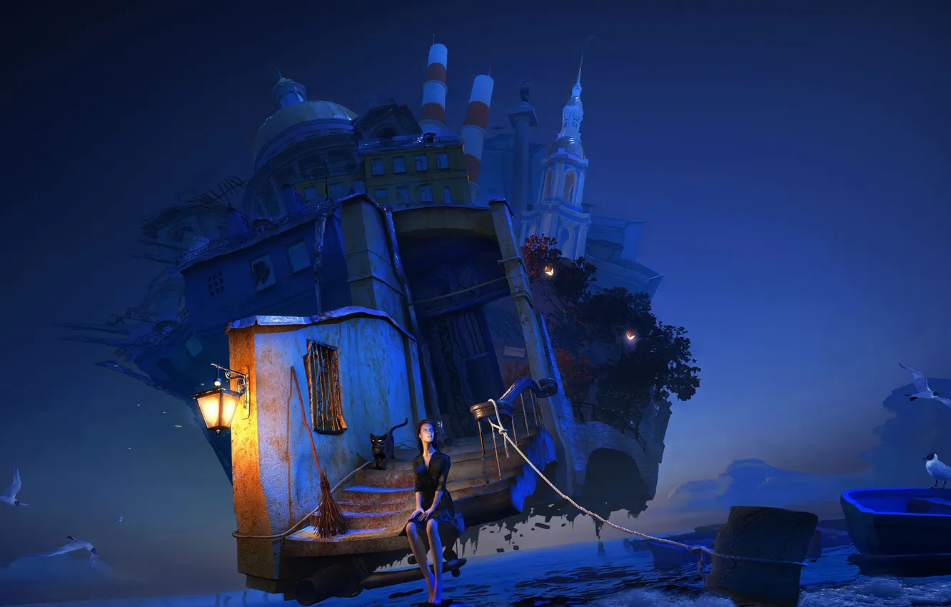 Photo wallpaper the ocean, seagulls, sleep, fantasy