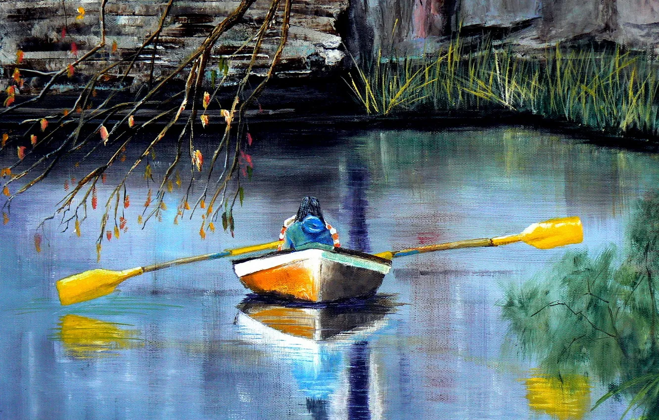 Photo wallpaper lake, boat, picture