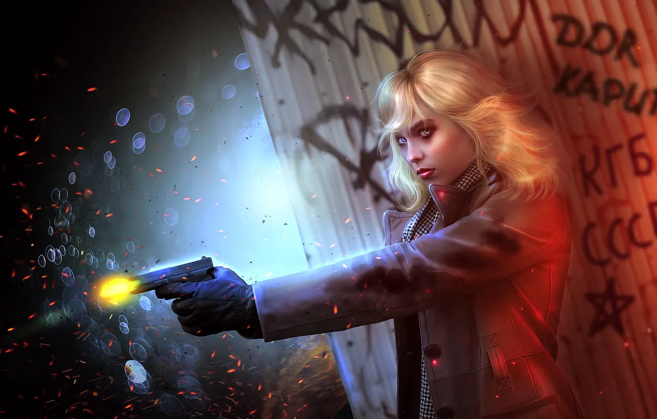 Photo wallpaper gun, Charlize Theron, blonde, killer, art, Lorraine Broughton, Atomic Blonde