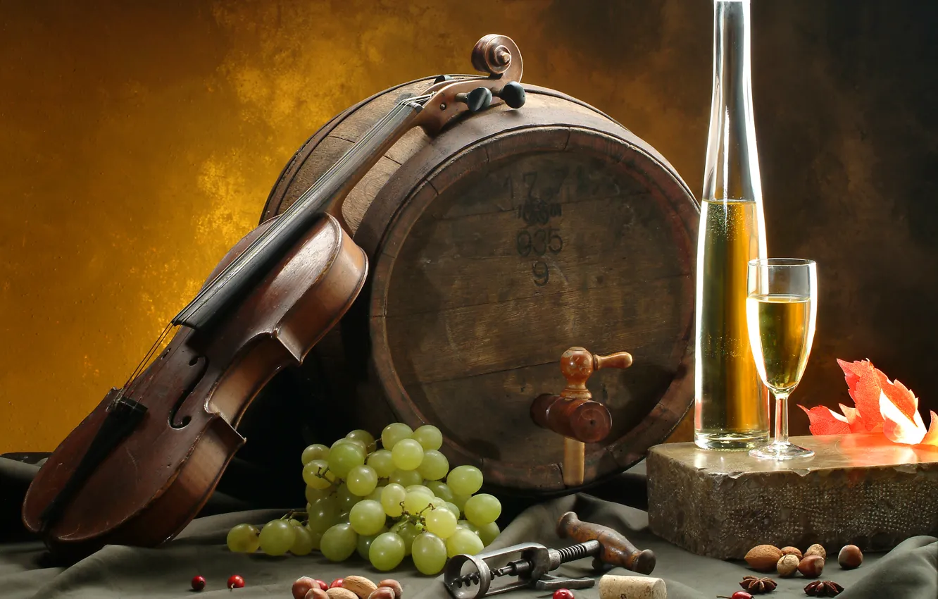 Photo wallpaper white, leaves, wine, violin, glass, grapes, nuts, barrel