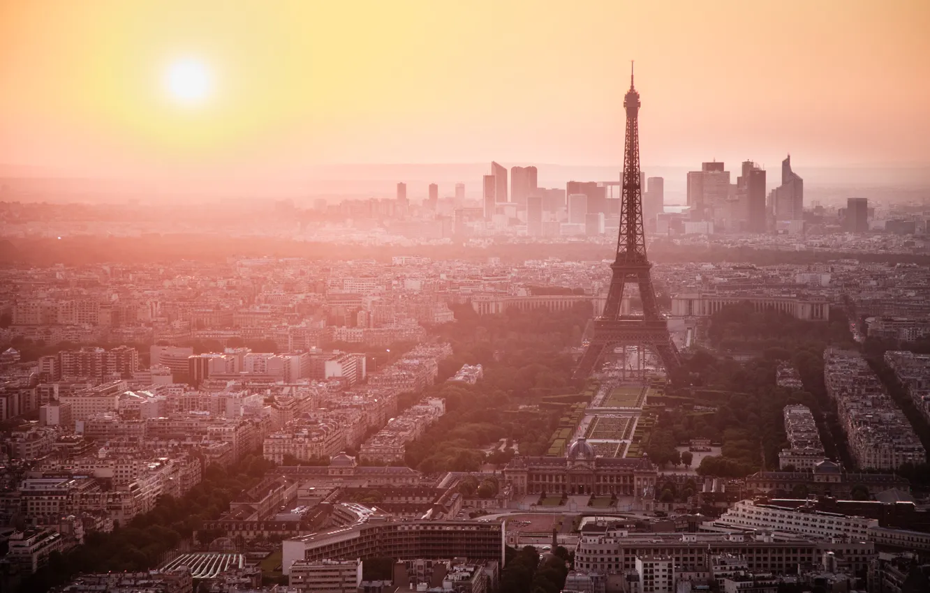 Photo wallpaper the city, fog, dawn, Eiffel tower, view, Paris, morning, France
