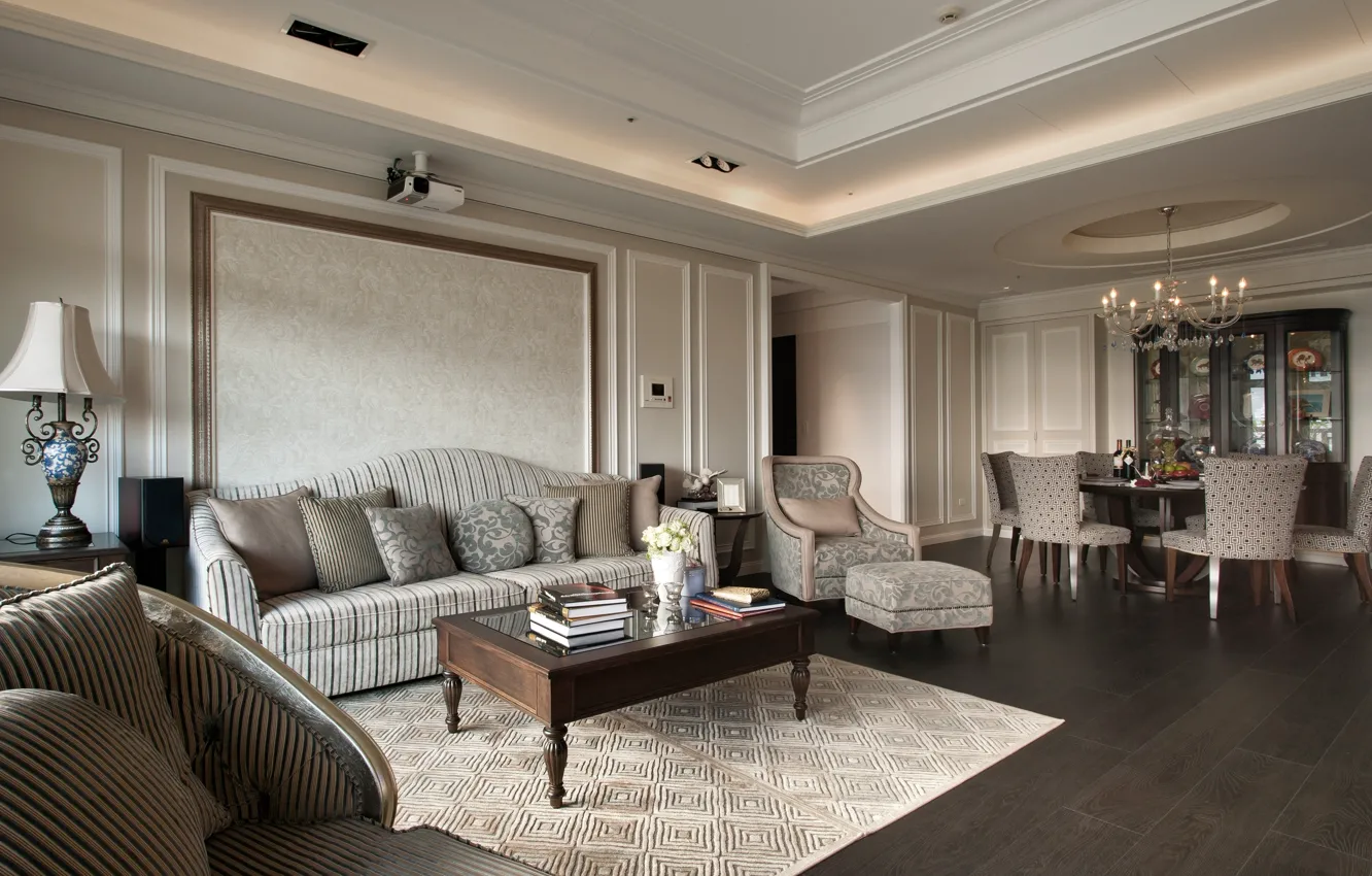 Photo wallpaper design, style, sofa, books, chair, table, living room, decor