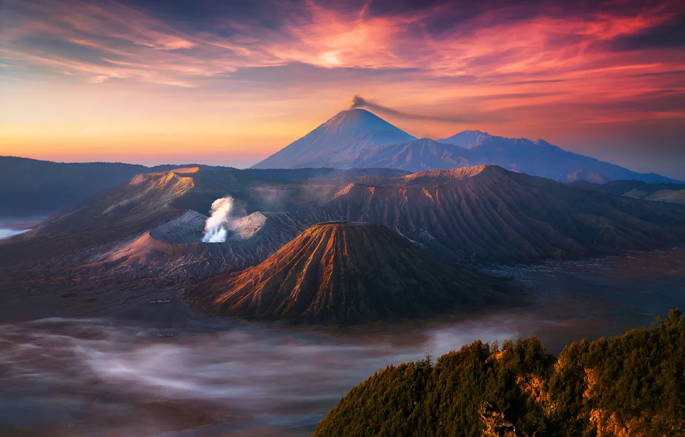 Photo wallpaper the sky, clouds, fog, morning, Indonesia, Java, Tengger, volcanic complex-the Caldera TenGer