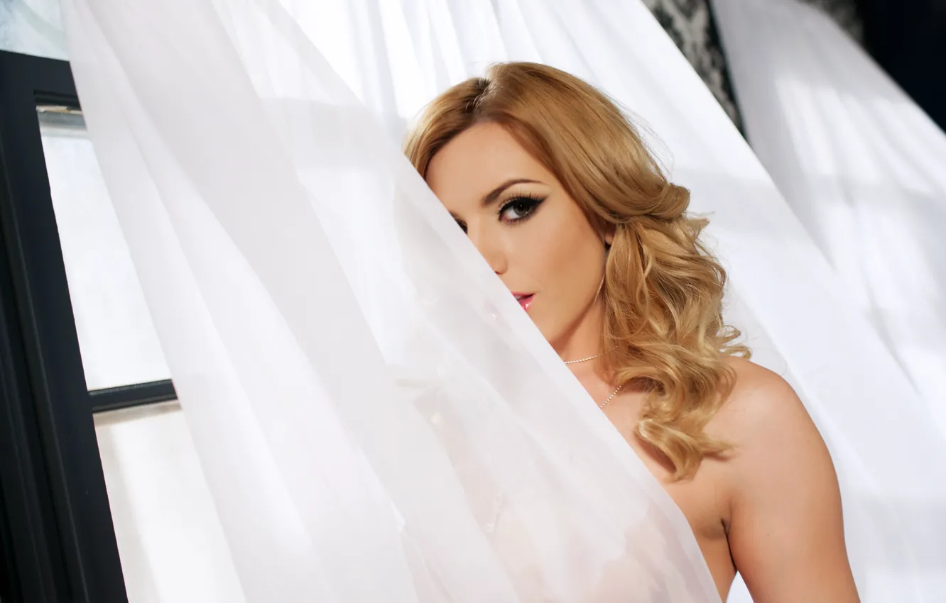 Photo wallpaper look, window, blonde, curtains, Lexi Belle