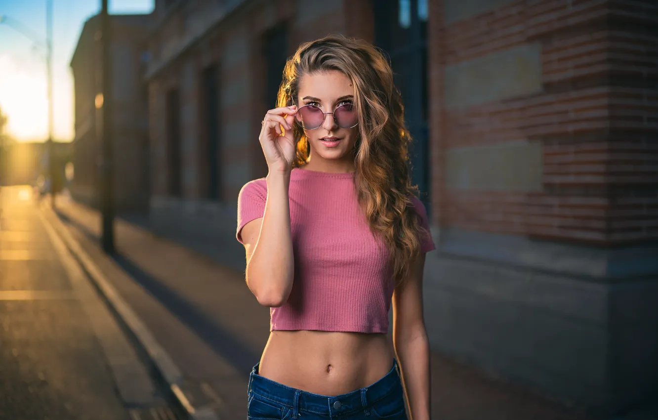 Photo wallpaper look, girl, street, hair, glasses, bokeh, Margot