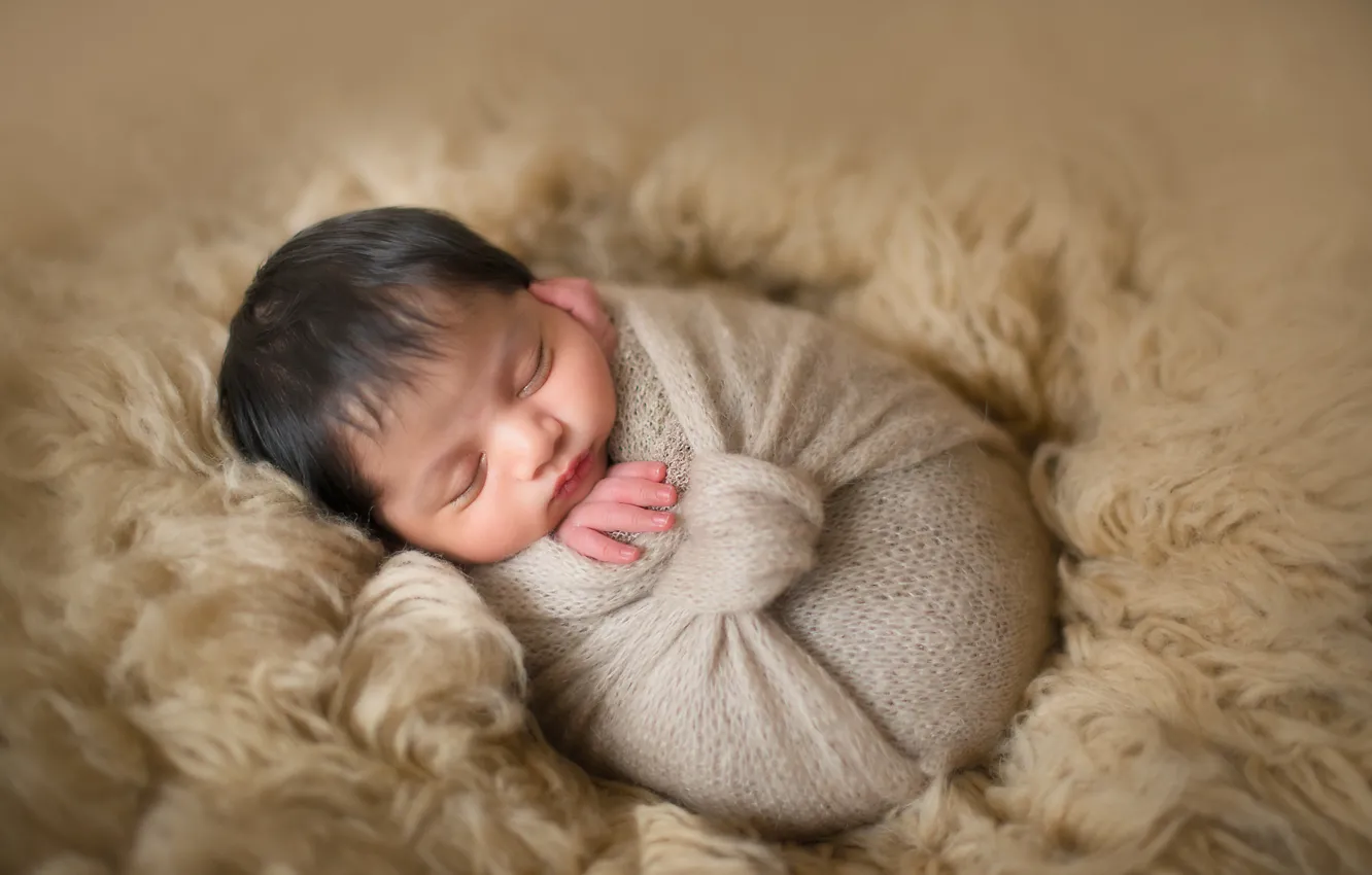 Photo wallpaper sleep, scarf, fur, child, baby