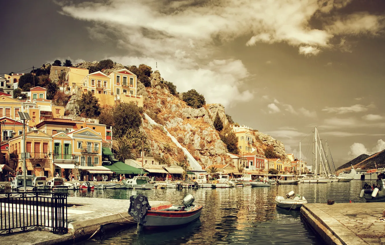 Photo wallpaper building, home, treatment, boats, Greece, pier, boats, promenade