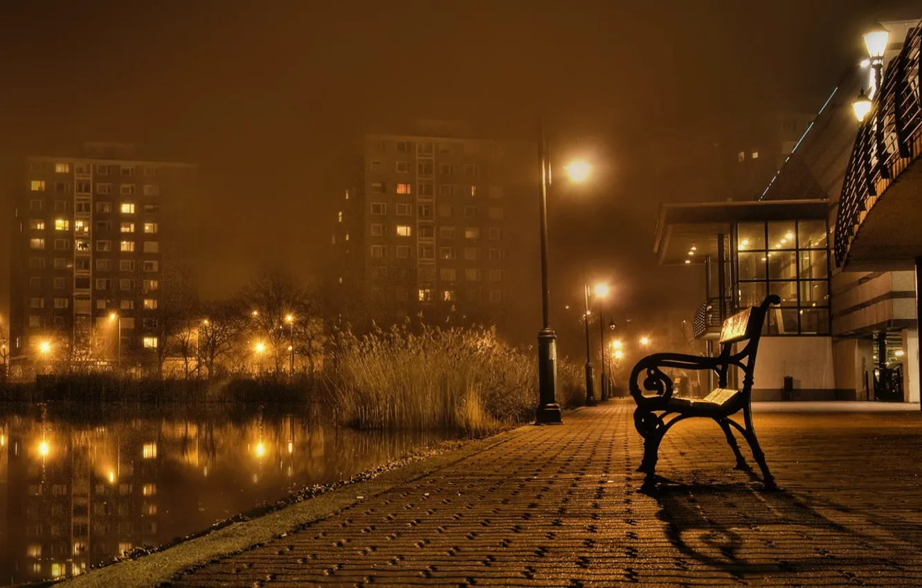 Photo wallpaper city, lights, night, bench, promenade