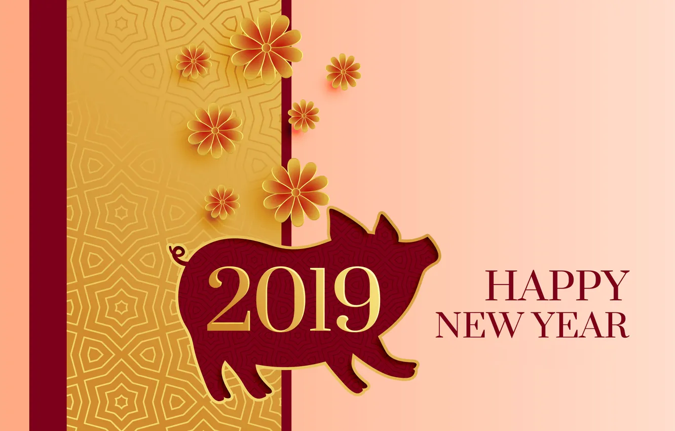 Photo wallpaper flowers, new year, pig, 2019
