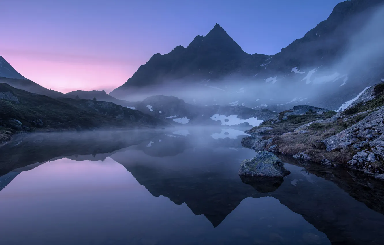 Photo wallpaper the sky, water, snow, landscape, mountains, fog, lake, surface