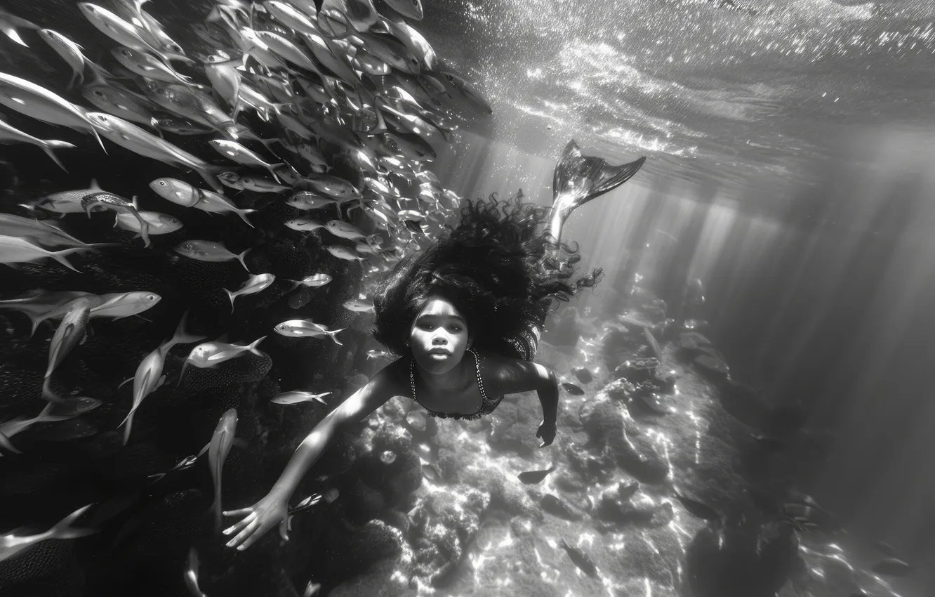 Photo wallpaper Fish, Girl, Mermaid, Hair, Underwater world, Tail, Digital art, Black and white