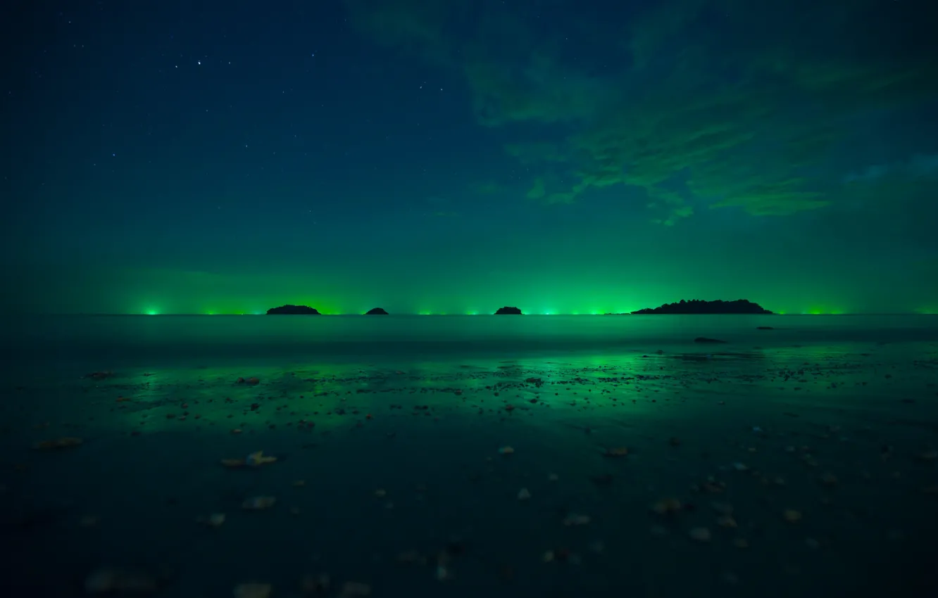 Photo wallpaper stones, Northern lights, shore, pond, night, hills, the sky, clouds