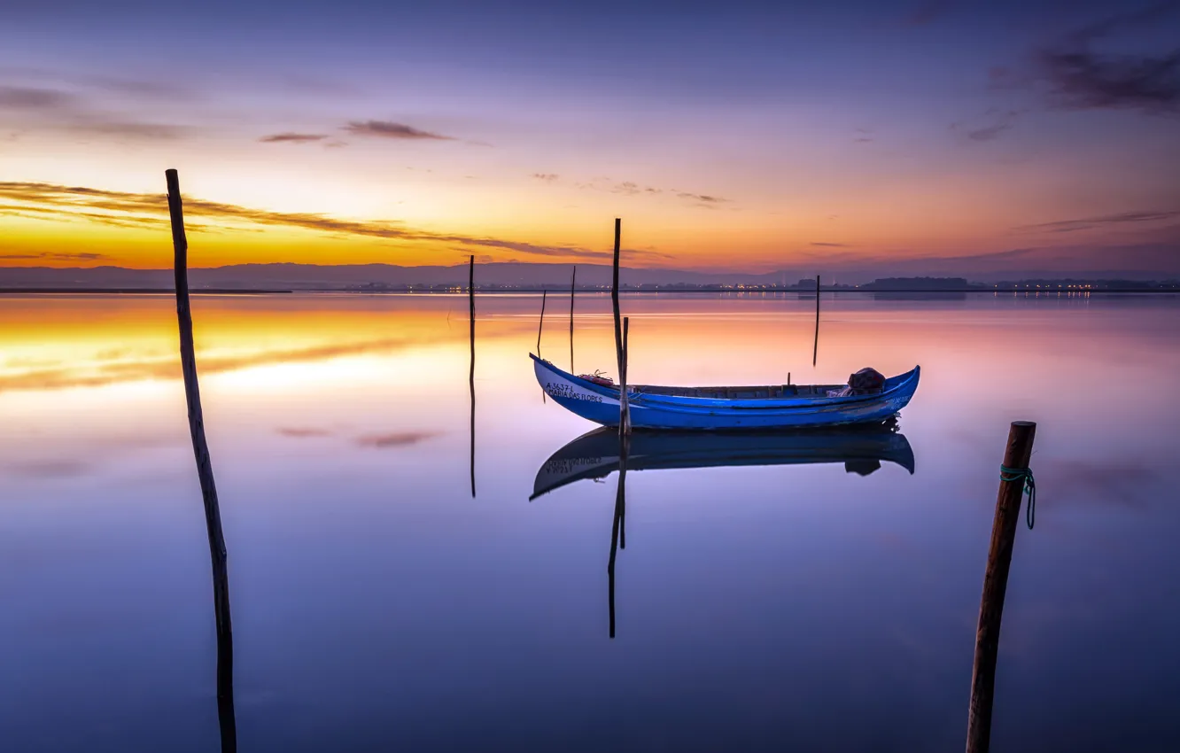 Photo wallpaper sunset, lake, boat