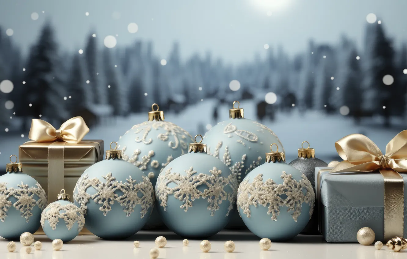 Photo wallpaper winter, snow, decoration, snowflakes, gift, balls, new year, Christmas