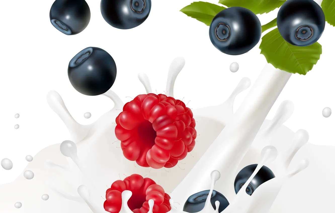 Photo wallpaper squirt, berries, milk, blueberries, leaves, Malinka