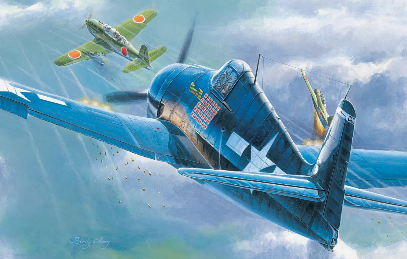 Photo wallpaper the sky, clouds, lights, war, fighter, art, shooting, American