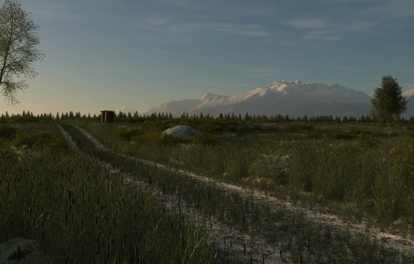 Photo wallpaper road, field, grass, trees, mountains, art, buildings