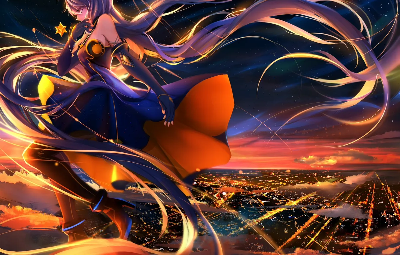 Photo wallpaper the sky, girl, stars, clouds, sunset, night, the city, lights