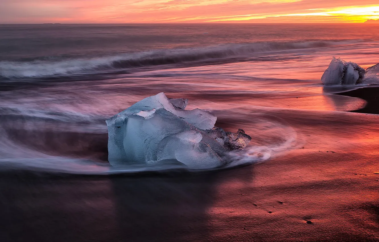 Photo wallpaper sunset, shore, ice, surf