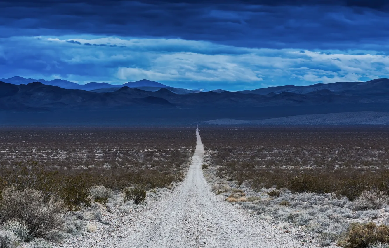Photo wallpaper road, the sky, clouds, mountains, hills, desert, horizon, Nevada