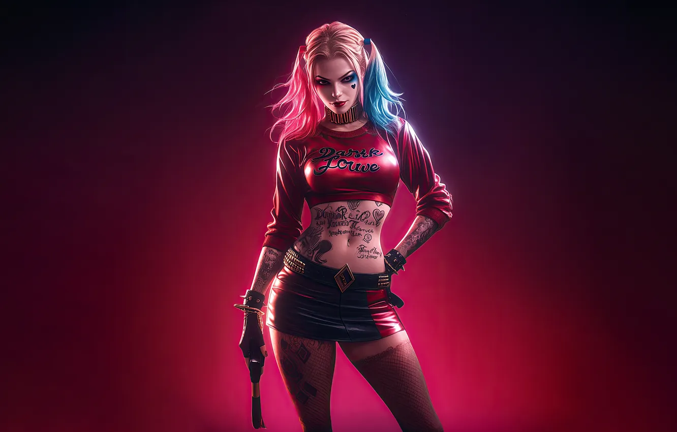 Photo wallpaper girl, tattoo, Comics, DC Comics, Harley Quinn, Comics Art, AI Art, AI Generated