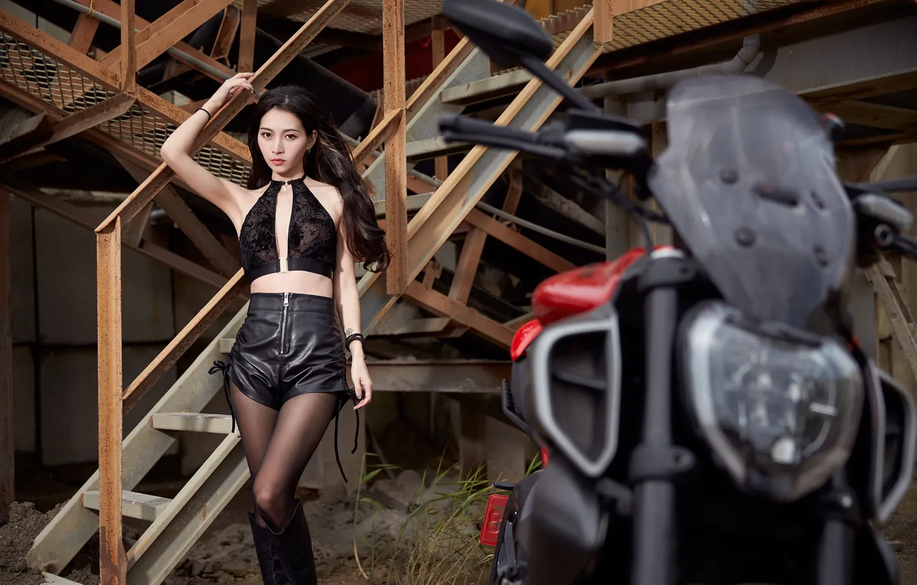 Photo wallpaper girl, pose, shorts, boots, hands, figure, ladder, motorcycle