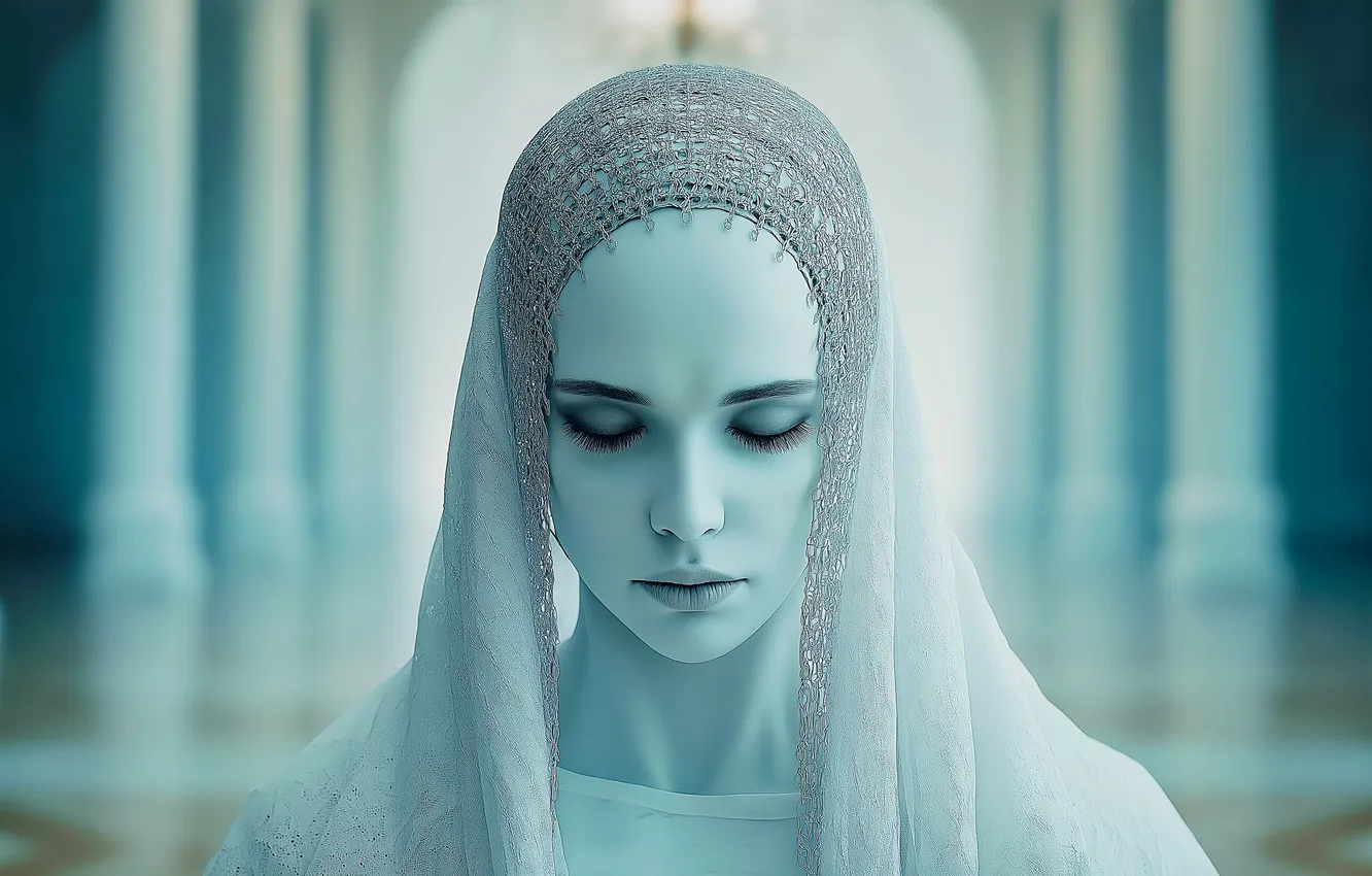 Photo wallpaper girl, portrait, arch, columns, Cape, closed eyes, blue tones, headdress