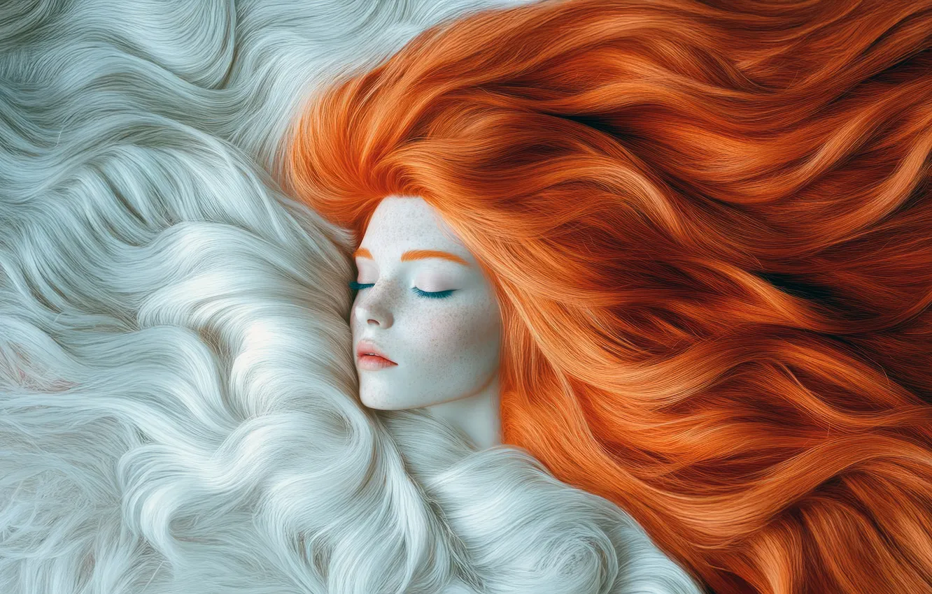 Photo wallpaper girl, sleep, makeup, sleeping, lies, freckles, fur, red hair