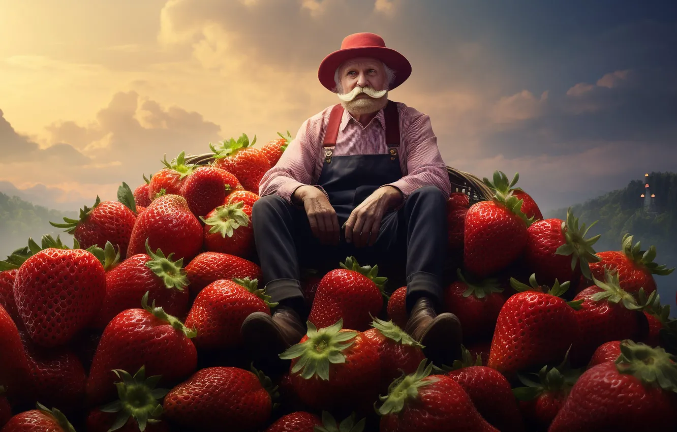 Photo wallpaper mustache, clouds, mountains, berries, fantasy, hat, harvest, strawberry