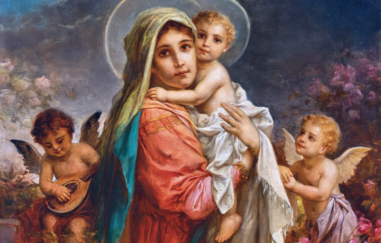 Photo wallpaper girl, picture, Madonna, Hans Zatzka, Austrian artist, Hans Zacka, Madonna with Child and Putti