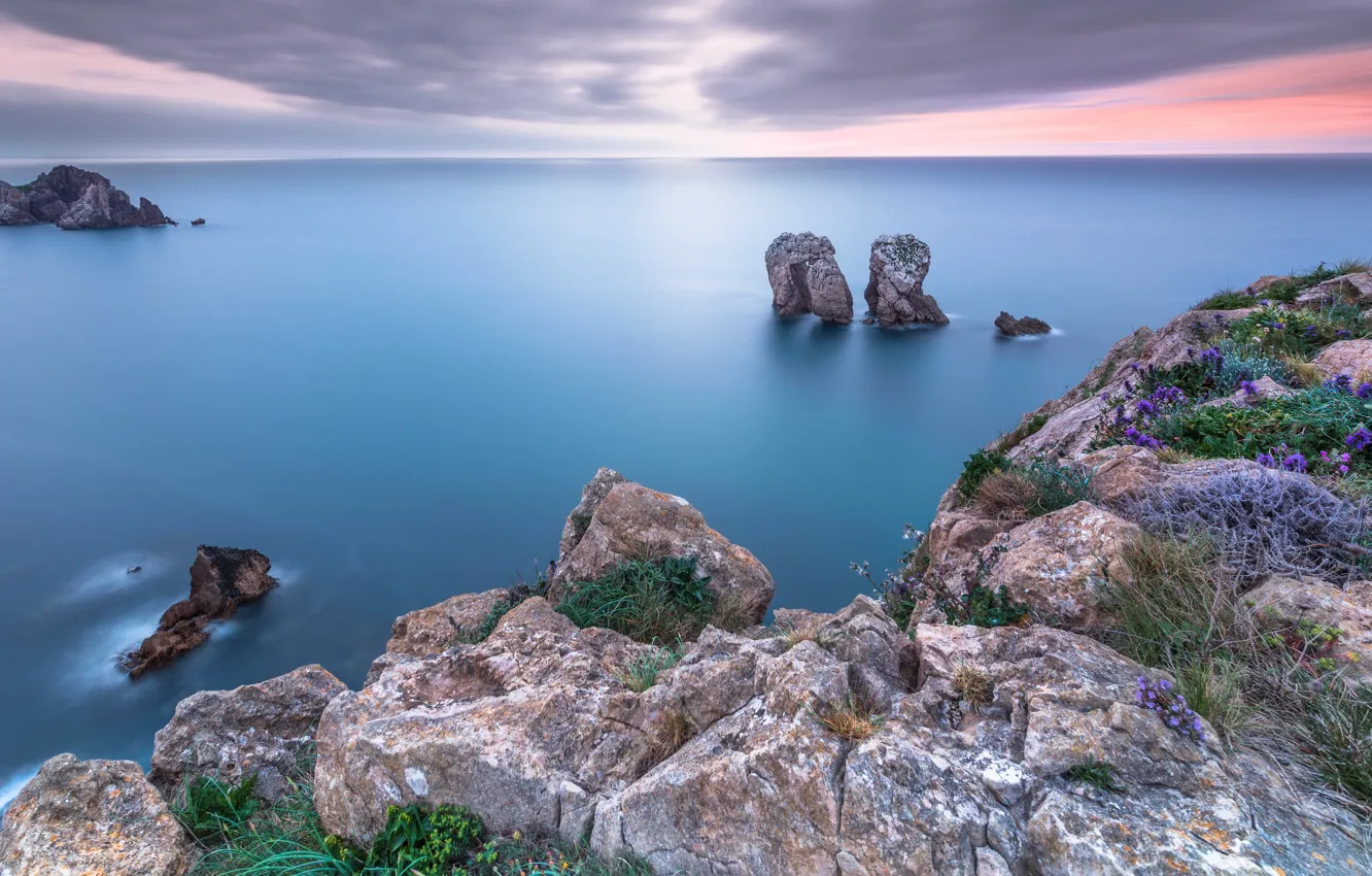 Photo wallpaper sea, landscape, sunset, rocks, seasc