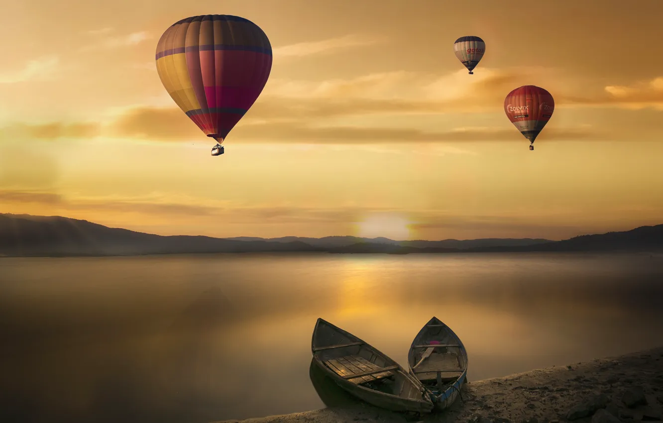 Photo wallpaper the sky, flight, sunset, balloons, shore, boat, pond, balloon