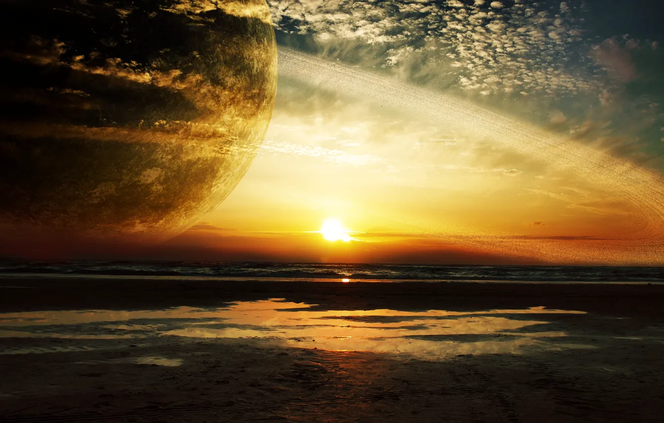 Photo wallpaper sea, sunset, planet, ring, giant
