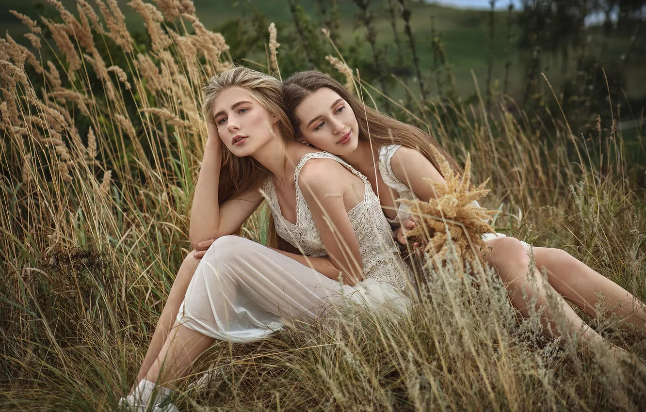Photo wallpaper field, landscape, nature, spikelets, Russia, two girls, Alexander, Yana