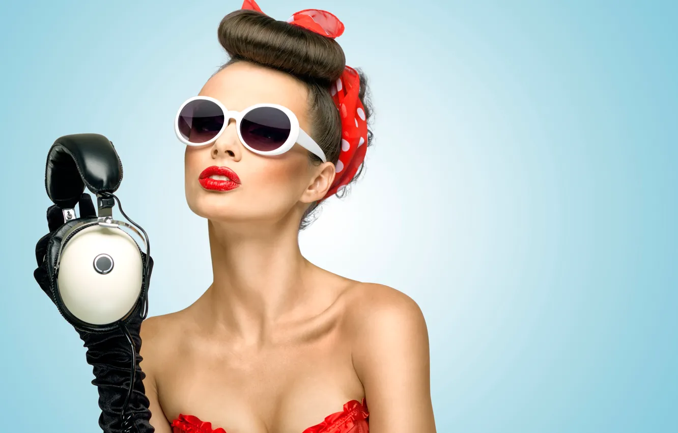 Photo wallpaper girl, retro, headphones, gloves, headband, brown hair, bow, pin-up