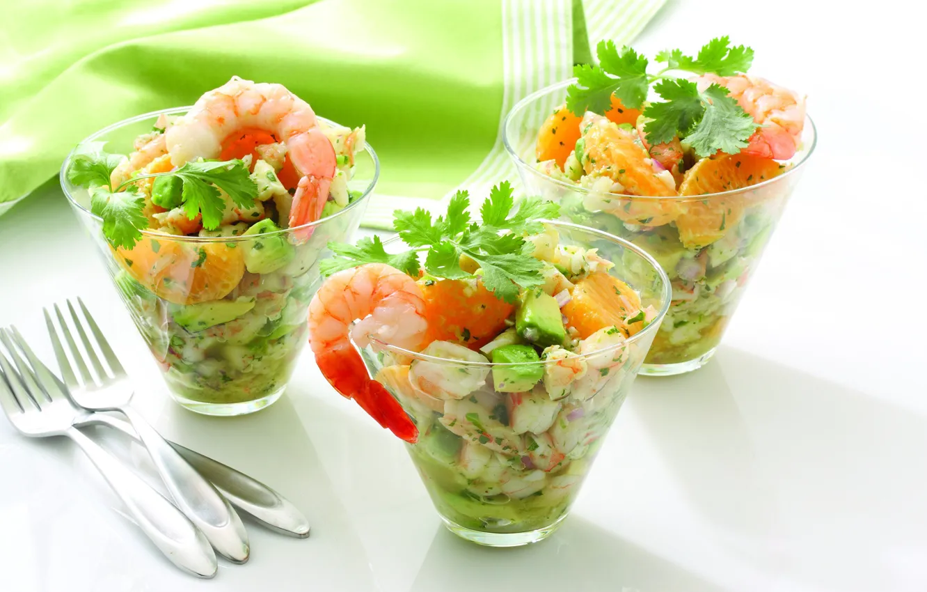 Photo wallpaper greens, plug, salad, shrimp, tangerines, avocado, shrimps