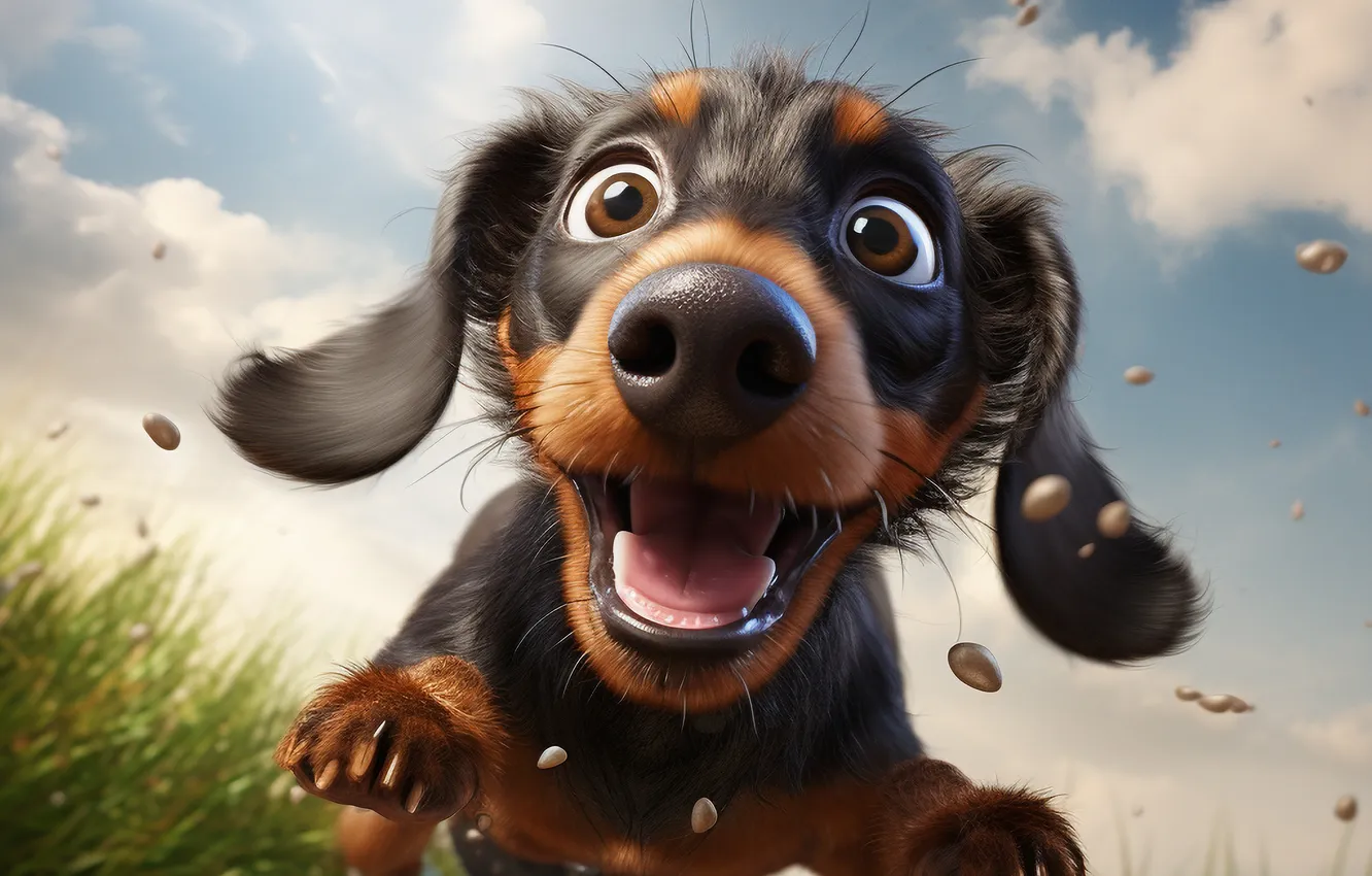 Photo wallpaper grass, joy, dog, running, Dachshund, digital art, AI art, The Art of Artificial Intelligence