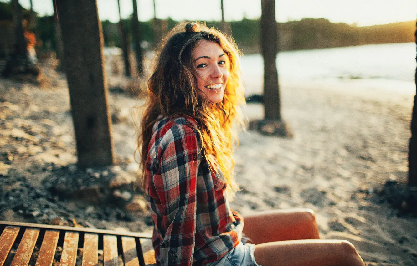 Photo wallpaper beach, girl, sunset, smile