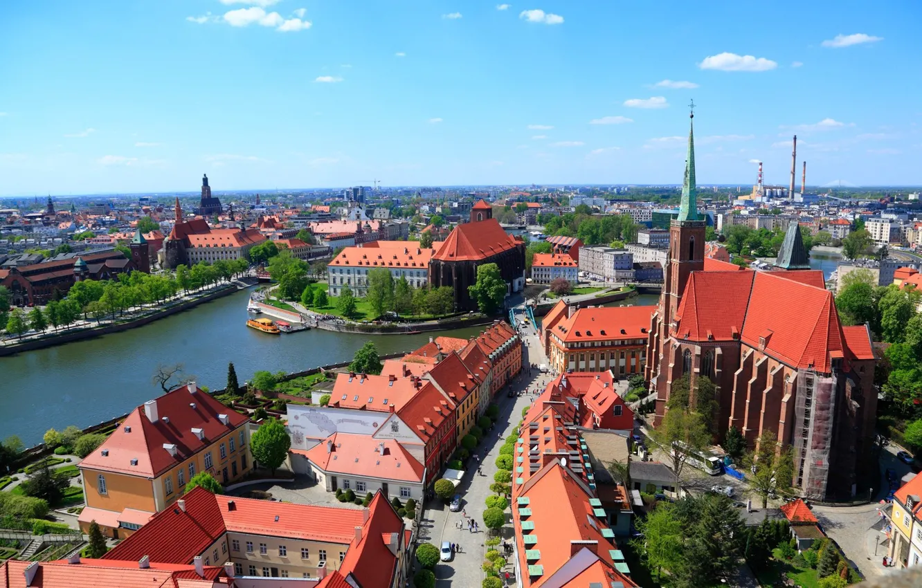 Photo wallpaper road, river, home, Poland, Wroclaw, St. John The Baptist Church, The Cathedral Basilica of St. …