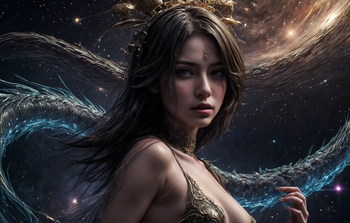 Photo wallpaper Galaxy, stars, women, face, digital art, black hair, looking at viewer, AI Art