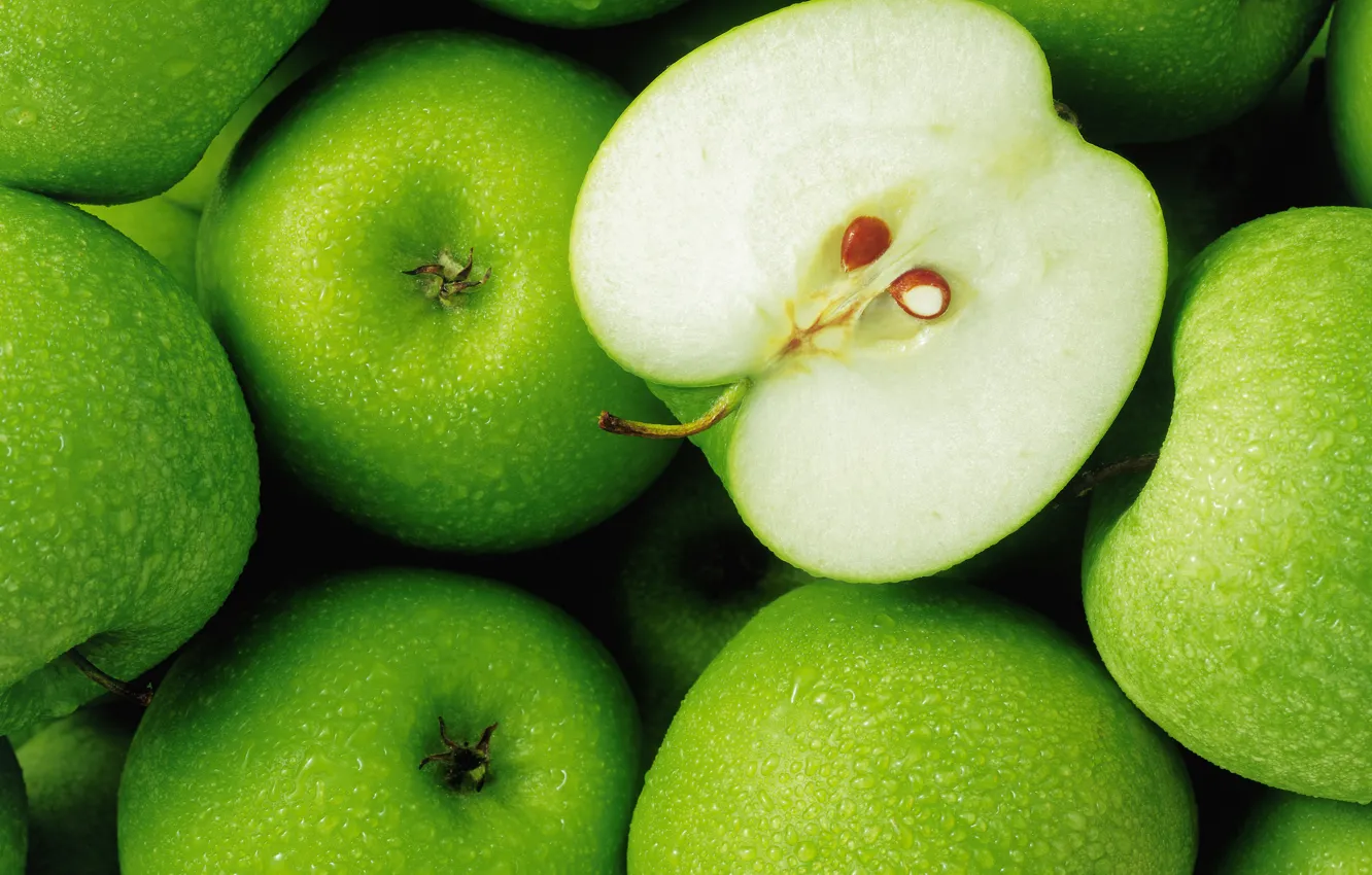 Photo wallpaper drops, green, apples, food